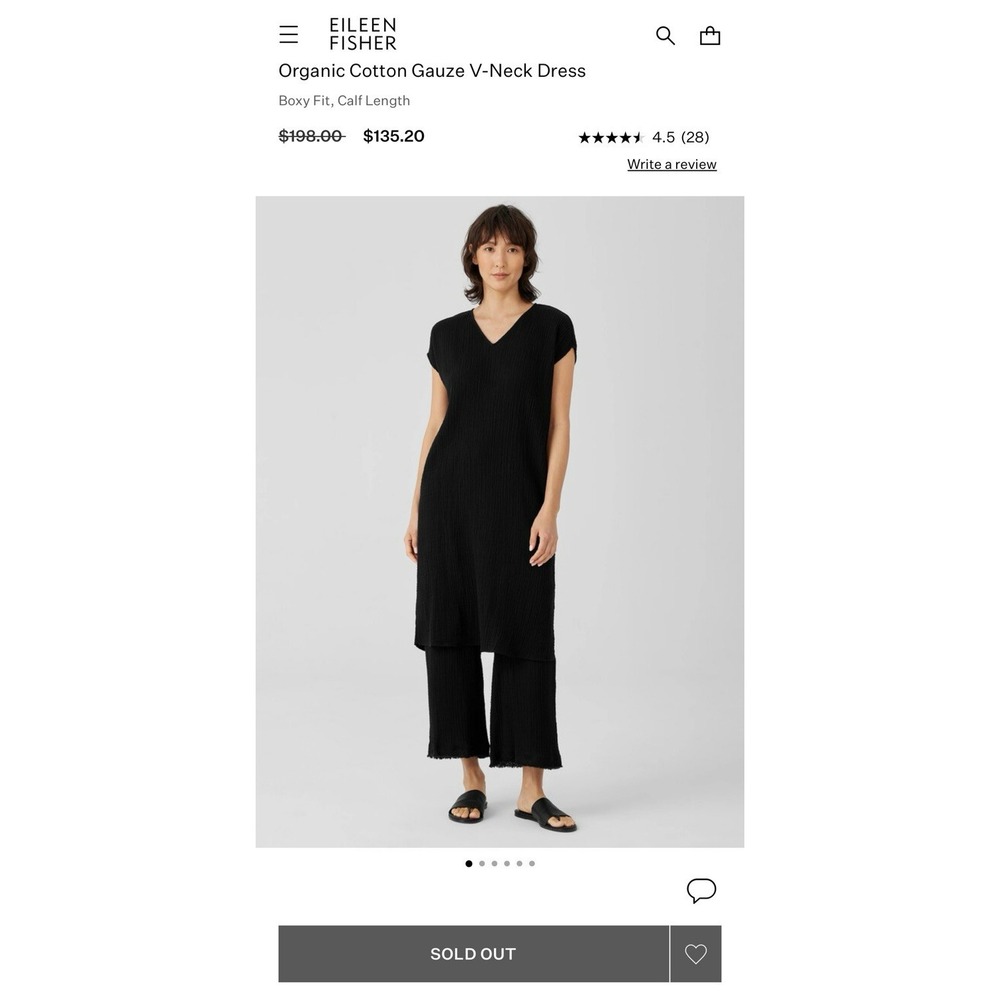 Eileen‎ Fisher Organic Cotton Gauze V-Neck Dress Black Boxy XXS TTP